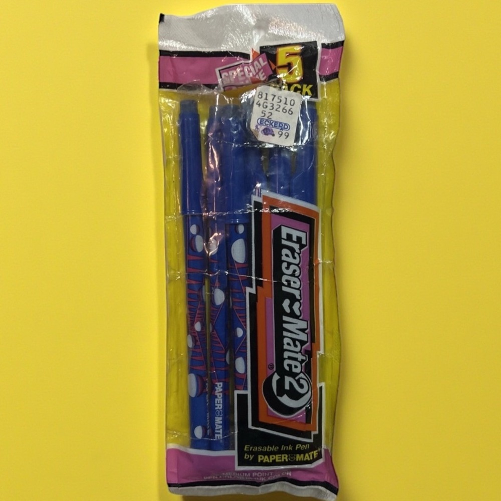 VTG 1990 Gillette 6 Eraser Mate PaperMate Erasable Med Pt Blue Ink Pens NEW PROP